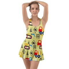 Seamless-pattern-vector-industrial-vehicle-cartoon Ruffle Top Dress Swimsuit by Jancukart