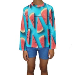 Watermelon Blue Background Kids  Long Sleeve Swimwear by artworkshop