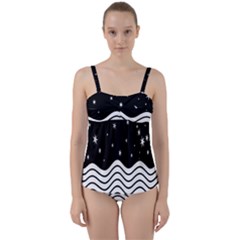 Black And White Waves And Stars Abstract Backdrop Clipart Twist Front Tankini Set by Amaryn4rt