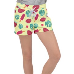 Watermelon Leaves Cherry Background Pattern Velour Lounge Shorts