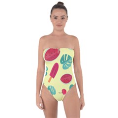 Watermelon Leaves Cherry Background Pattern Tie Back One Piece Swimsuit