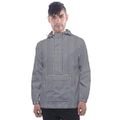 Soot Black And White Handpainted Houndstooth Check Watercolor Pattern Men s Front Pocket Pullover Windbreaker by PodArtist