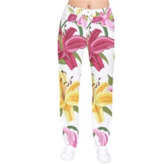 Lily-flower-seamless-pattern-white-background 001 Women Velvet Drawstring Pants