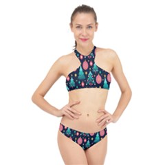 Hand-drawn-flat-christmas-pattern High Neck Bikini Set by nate14shop