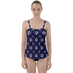 White Blue Floral Pattern Twist Front Tankini Set by designsbymallika