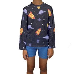 Cosmos Rocket Spaceships Ufo Kids  Long Sleeve Swimwear by Wegoenart