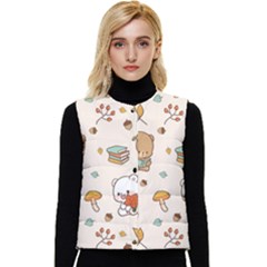 Illustration Bear Cartoon Background Pattern Women s Short Button Up Puffer Vest by Sudhe