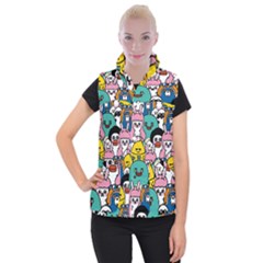 Illustration Animals Cartoon Background Pattern Women s Button Up Vest by Sudhe