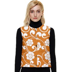 Orange Floral Walls  Women s Short Button Up Puffer Vest by ConteMonfrey