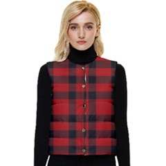 Red And Black Plaids Women s Short Button Up Puffer Vest