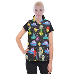 Seamless Pattern With Space Object Ufo Rocket Alien Hand Drawn Element Space Women s Button Up Vest by Wegoenart