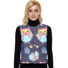 Owl Star Pattern Background Women s Short Button Up Puffer Vest by Wegoenart