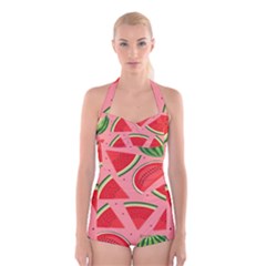 Red Watermelon  Boyleg Halter Swimsuit  by ConteMonfrey