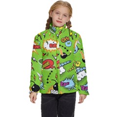 Modern-comics-background-pattern-with-bombs-lightening-jagged-clouds-speech-bubbles Kids  Puffer Bubble Jacket Coat by Wegoenart