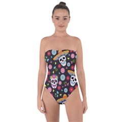 Day Dead Skull With Floral Ornament Flower Seamless Pattern Tie Back One Piece Swimsuit