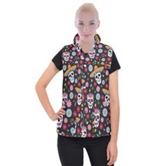 Day Dead Skull With Floral Ornament Flower Seamless Pattern Women s Button Up Vest by Wegoenart