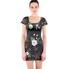 Black And White Floral Textile Digital Art Abstract Pattern Short Sleeve Bodycon Dress by danenraven