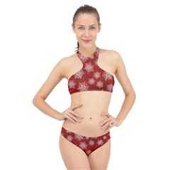 Snowflakes And Star Patternsred Snow High Neck Bikini Set by artworkshop