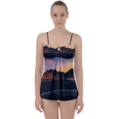 Beach Volcano Ocean Sunset Sunrise Iceland Babydoll Tankini Set by danenraven