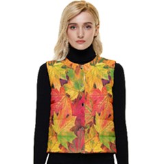 Autumn Background Maple Leaves Women s Short Button Up Puffer Vest by artworkshop