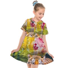 Rainbow Painted Nature Bigcat Kids  Short Sleeve Shirt Dress by Sparkle