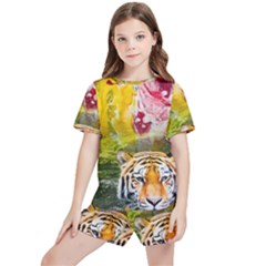 Rainbow Painted Nature Bigcat Kids  Tee And Sports Shorts Set by Sparkle