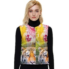 Rainbow Painted Nature Bigcat Women s Short Button Up Puffer Vest by Sparkle