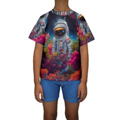 Astronaut Universe Planting Flowers Cosmos Galaxy Kids  Short Sleeve Swimwear by Pakemis