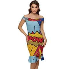 Pow Word Pop Art Style Expression Vector Off Shoulder Ruffle Split Hem Bodycon Dress by Pakemis