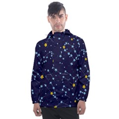 Seamless Pattern With Cartoon Zodiac Constellations Starry Sky Men s Front Pocket Pullover Windbreaker by Pakemis