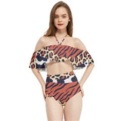 Mixed-animal-skin-print-safari-textures-mix-leopard-zebra-tiger-skins-patterns-luxury-animals-textur Halter Flowy Bikini Set  by Pakemis