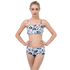 Indigo-watercolor-floral-seamless-pattern Layered Top Bikini Set by Pakemis