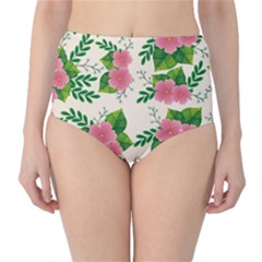 Cute-pink-flowers-with-leaves-pattern Classic High-waist Bikini Bottoms