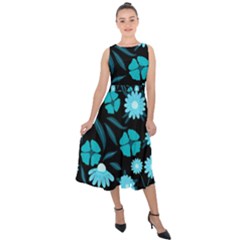 Flower Nature Blue Black Art Pattern Floral Midi Tie-back Chiffon Dress by Uceng