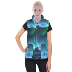 Green Aurora Lights-over Rocky Shore During Night Time Women s Button Up Vest by danenraven