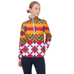 Red Flowers And Colorful Squares                                                                  Women Half Zip Windbreaker by LalyLauraFLM