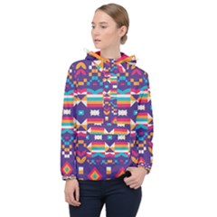 Pastel Shapes Rows On A Purple Background                                                                   Women Hooded Front Pocket Windbreaker