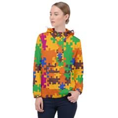 Retro Colors Puzzle Pieces                                                                        Women Hooded Front Pocket Windbreaker by LalyLauraFLM