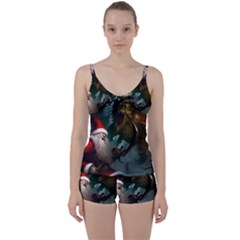 A Santa Claus Standing In Front Of A Dragon Low Tie Front Two Piece Tankini by EmporiumofGoods