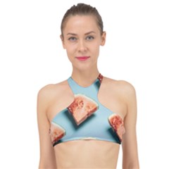 Watermelon Against Blue Surface Pattern High Neck Bikini Top by artworkshop