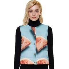 Watermelon Against Blue Surface Pattern Women s Short Button Up Puffer Vest by artworkshop