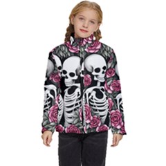 Black And White Rose Sugar Skull Kids  Puffer Bubble Jacket Coat by GardenOfOphir