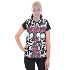 Black And White Rose Sugar Skull Women s Button Up Vest by GardenOfOphir