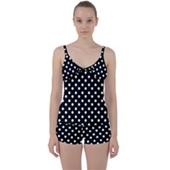 Black And White Polka Dots Tie Front Two Piece Tankini by GardenOfOphir