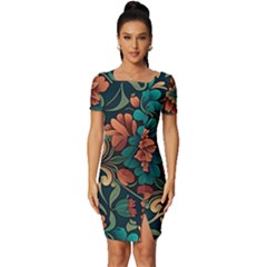 Flower Pattern Modern Floral Fitted Knot Split End Bodycon Dress by Ravend