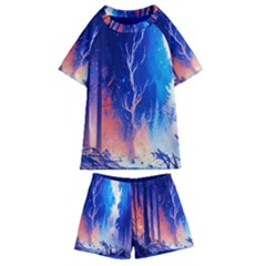 Winter Snow Mountain Fire Flame Kids  Swim Tee And Shorts Set by Ravend