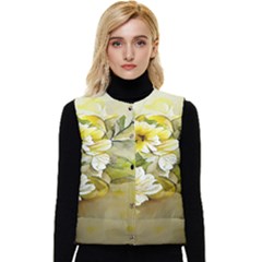 Watercolor Yellow And-white Flower Background Women s Short Button Up Puffer Vest by artworkshop