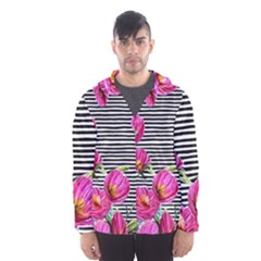 Pink Flowers Black Stripes Men s Hooded Windbreaker by GardenOfOphir