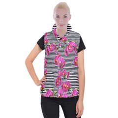 Pink Flowers Black Stripes Women s Button Up Vest by GardenOfOphir