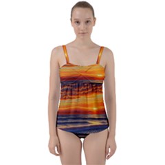 Nature s Sunset Over Beach Twist Front Tankini Set by GardenOfOphir